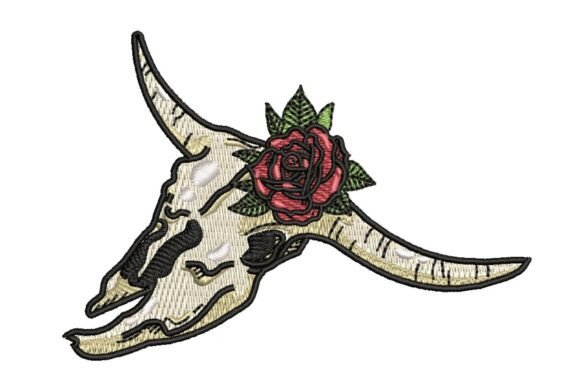 Floral Longhorn Skull with Red Rose Embroidery Design