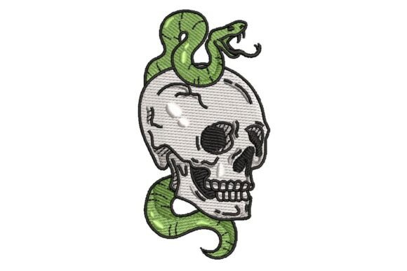 Tattoo Style Skull with Green Snake Embroidery Design